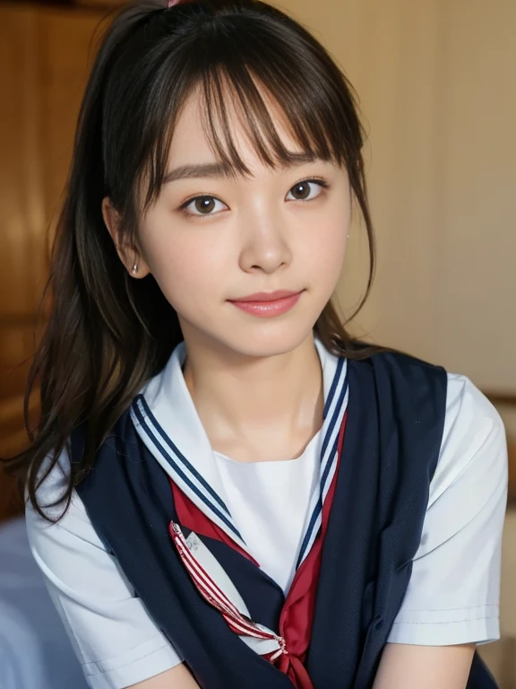 (Masterpiece, Best quality:1.4), (Ultra realistic, Photo-realistic:1.2), Natural light, 25 years old actress, Japanese women, Neat and clean, (school uniform, sailor suit, short sleeve suit, traditional Japanese style with white and navy blue colors, detailed red ribbon and navy blue pleated skirt:1.2), (Ponytail:1.2), Short wavy hair, Light brown hair color, (Beautiful Faces), Oval face, clear, (Beautiful eyes, Kind eyes), (Clear skin), Small face, (Small mouth), (Beautiful mouth), Natural makeup, Approachable, Luxury hotel Suite room, On bed, Seductive smile, (Seductive pose:1.2), (Beautiful thighs:1.1), (Bedroom eyes), (nsfw:1.1), (lesbian couple:1.1), (petting together:1.2), obscene reality of girls, (crotch rub:1.1),