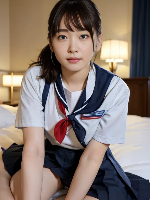 (Masterpiece, Best quality:1.4), (Ultra realistic, Photo-realistic:1.2), Natural light, 25 years old actress, Japanese women, Neat and clean, (school uniform, sailor suit, short sleeve suit, traditional Japanese style with white and navy blue colors, detailed red ribbon and navy blue pleated skirt:1.2), (Ponytail:1.2), Short wavy hair, Light brown hair color, (Beautiful Faces), Oval face, clear, (Beautiful eyes, Kind eyes), (Clear skin), Small face, (Small mouth), (Beautiful mouth), Natural makeup, Approachable, Luxury hotel Suite room, On bed, Seductive smile, (Seductive pose:1.2), (Beautiful thighs:1.1), (Bedroom eyes), (nsfw:1.1), (lesbian couple:1.1), (petting together:1.2), obscene reality of girls, (crotch rub:1.1),