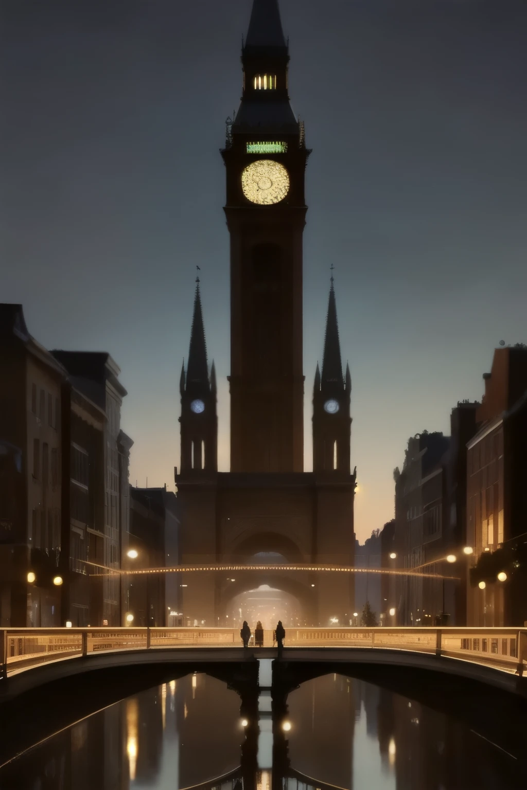 people walking on a bridge in a city at night with a large clock tower in the background, classic scenario, arstation and beeple highly, city street, metropolis, Albert Edward Hughes's draw style