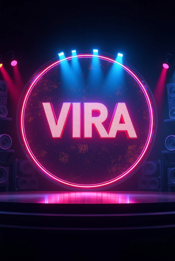 Create a round logo featuring a stage backdrop LED screen displaying the word VIRA, with speakers on either side., coupled all this and make it creative and a little lively