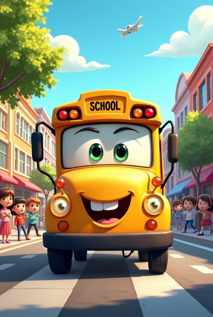 'A school bus driving down a city street, bus is a character with a face smiling, cartoon style'