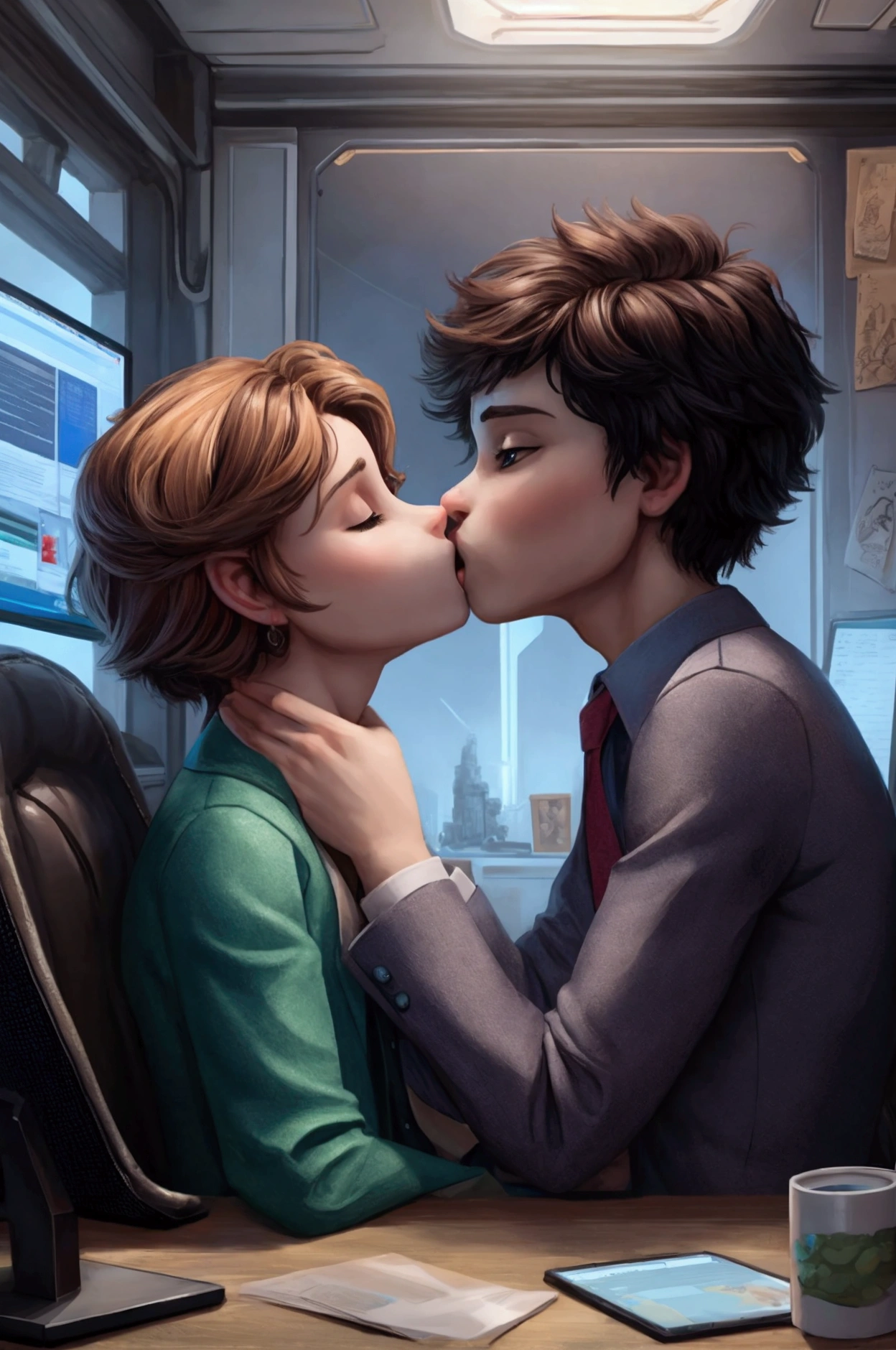 A young man and woman couple facing each other, kissing in front of a computer.