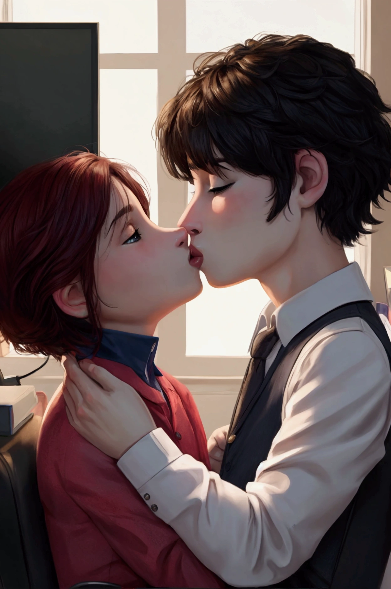 A young man and woman couple facing each other, kissing in front of a computer.