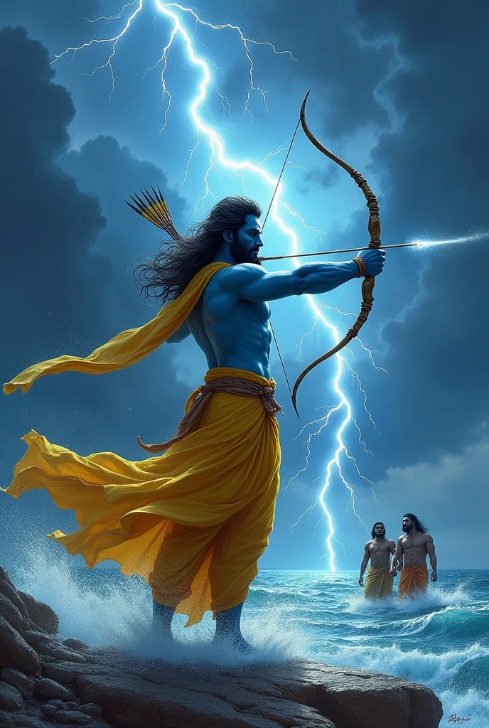 Lord Ram Ji (fit body, blue colour, middle hair, shooting arrows in the sky with a bow in his hand, bright lights in his full body, wearing yellow clothes) standing on the sea shore, shooting dancing arrows in the sky, lightning is flashing in the sky, dark clouds are looming, looking towards the sea.Lord Ram Ji (fit body, blue colour, middle hair, shooting arrows in the sky with a bow in his hand, bright lights in his full body, wearing yellow clothes) standing on the sea shore, shooting dancing arrows in the sky, lightning is flashing in the sky, dark clouds are looming, looking towards the sea, Lord Lakshman and the gardener Hanuman Ji are standing nearby.