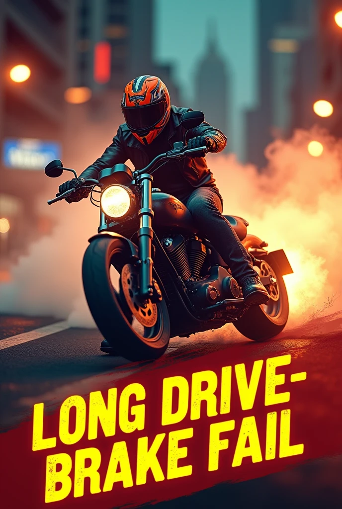 "Create a dynamic thumbnail for 'Long Drive - Break Fail' featuring a dramatic image of a bike with smoke or a screeching effect from the brakes. Include bold, eye-catching text that reads 'Long Drive - Break Fail' and add a surprised or worried expression on the driver’s face. Use bright, contrasting colors to make the thumbnail stand out and attract viewers."--16:9