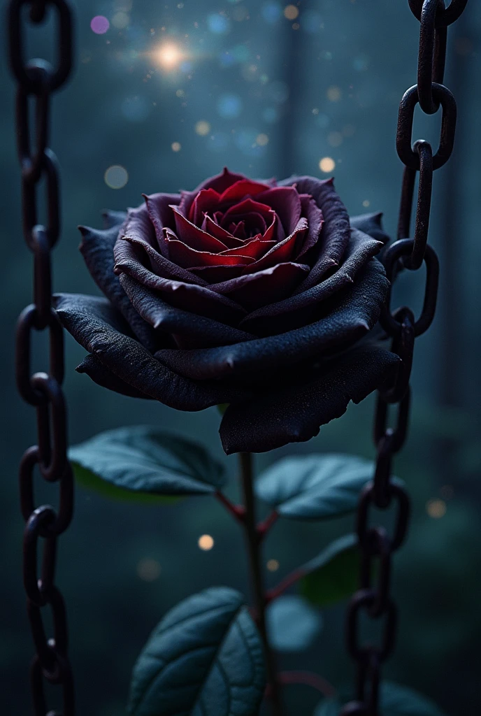 A black rose, with starry sky and surrounding chains