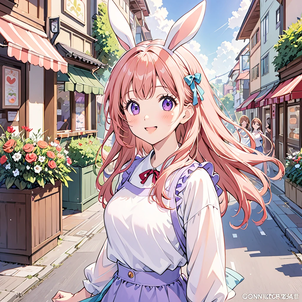 1girl, cute girl, peach hair, long hair, ribbon, purple eyes, bangs, bunny ears, cute casual outfit, happy, icon size
