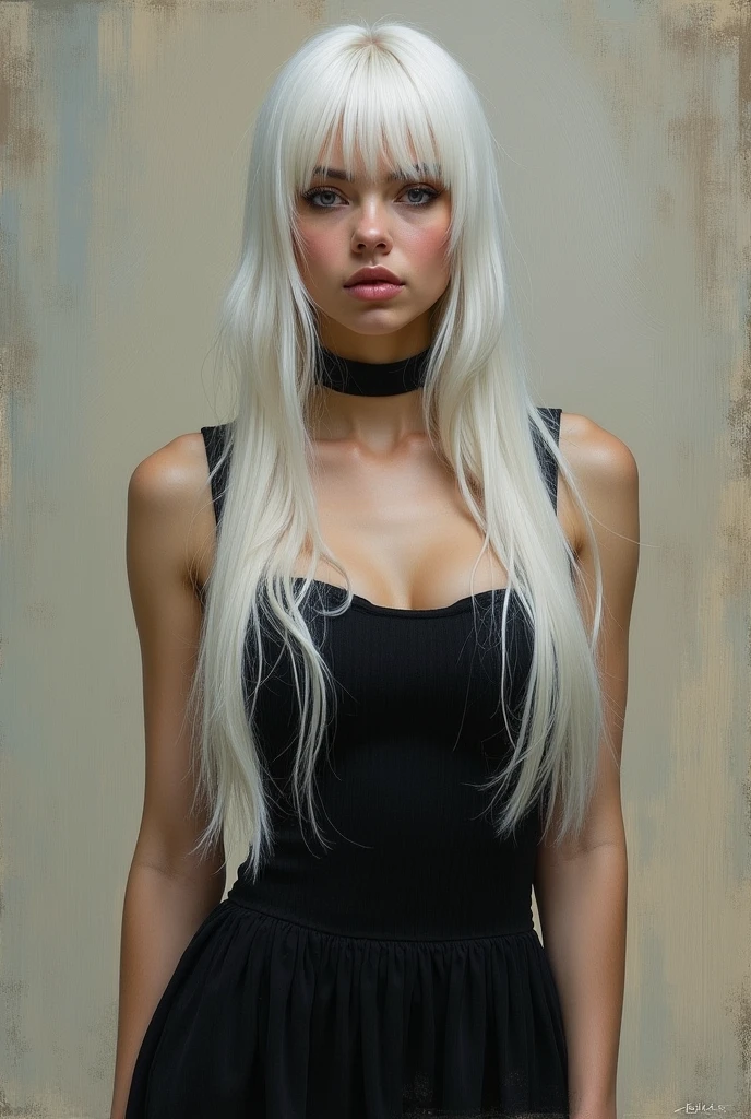 Soft impressionist brush strokes, canvas texture, tight crop, muted colors, portrait painting, female supermodel, white long hair, black dress, goth fashion, intricate detail, detailed eyes, realistic, by jean-baptiste monge20, artgerm5, greg rutkowski30, richard schmid10, action pose20