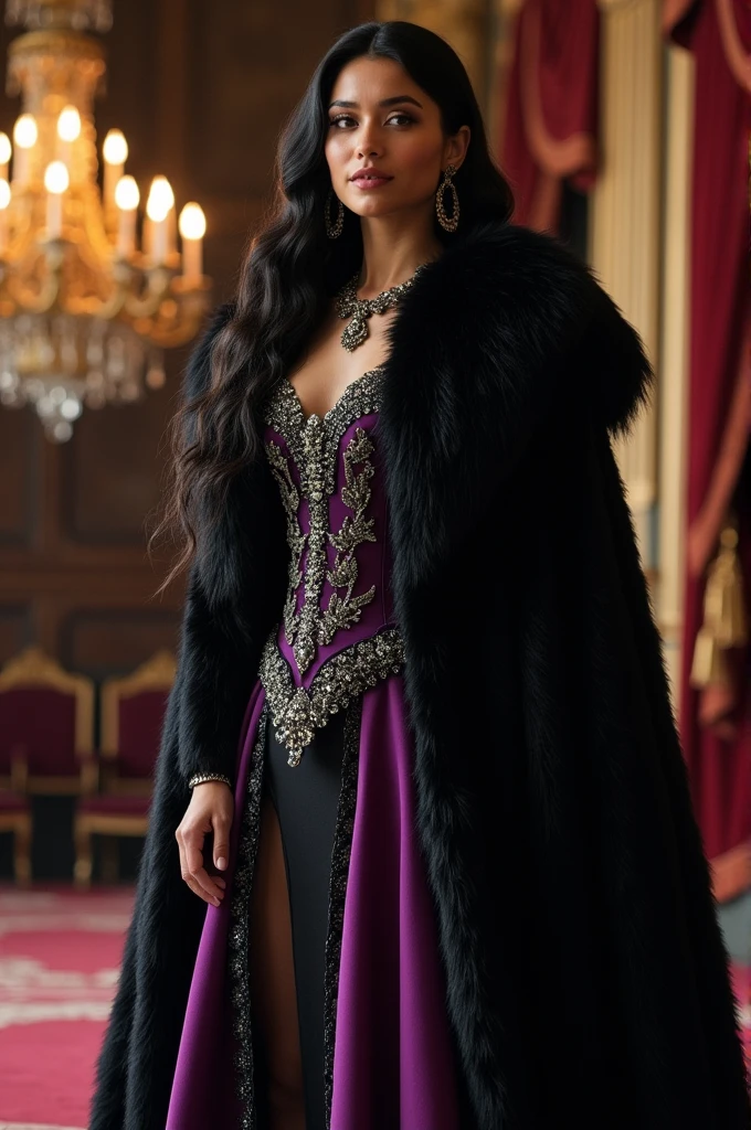 A princess with black hair that reaches her waist, a long black fur coat and a long black and purple dress