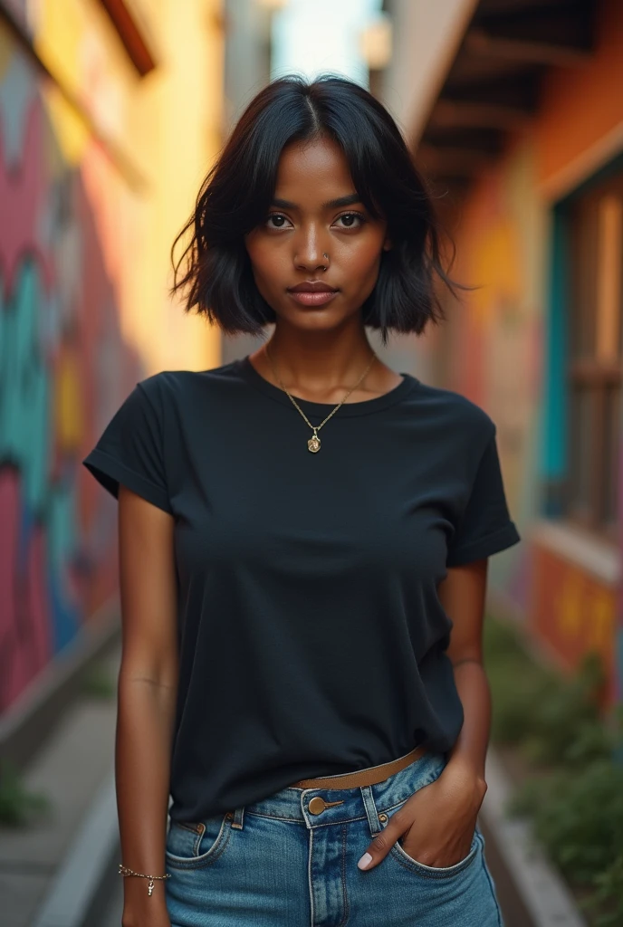 photo, 35 years old black skin tamilian-japanese woman, 5'4 feet, short indian hair, wide hips, nose piercing, medium sized pouty lips, big dark brown eyes, nerdy, androgynous, small breasts, wearing jeans and tshirt