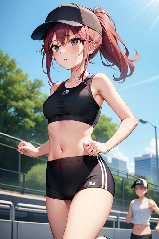 ager,1 beautiful girl、Running painfully、(blush:0.6),Heavy breathing,Sports underwear、White tank top、Vertical belly button, Black sports shorts、running, ponytail、Sports Cap, Glowing Skin、Expressway
