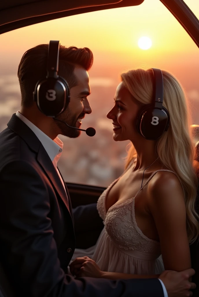 Romantic flight on helicopter, mister Grey and Anastasia date on helicopter, hyper realistic image, UHD. Mister Grey and Anastasia (50 shades of grey) are on the date on helicopter, wearing NOISEMASTER® Helicopter Headphones with Microphone, sit as a pilot and co-pilot at the controls of a helicopter. Mister grey impressed Anastasia with his power and money