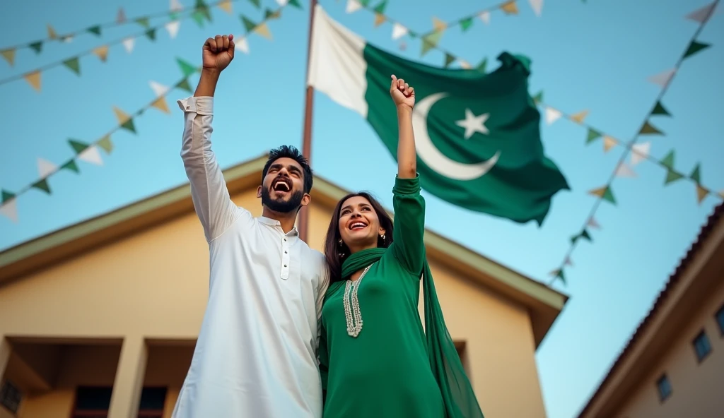 Ali and Sarah, standing proudly outside their home, raising the Pakistani flag on a pole. They are joyfully shouting 'Pakistan Zindabad!' while green and white buntings flutter in the breeze