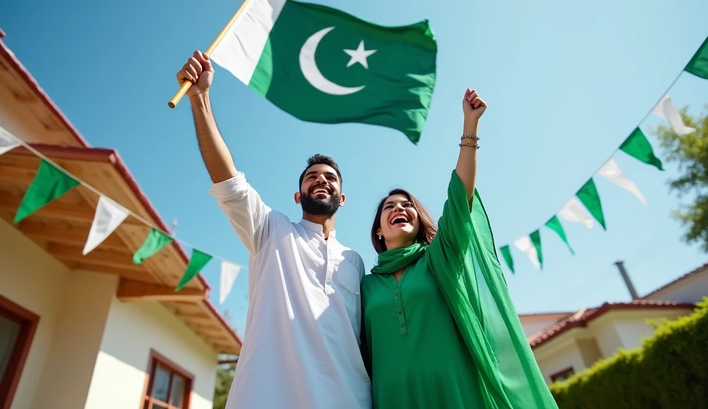 Ali and Sarah, standing proudly outside their home, raising the i flag on a pole. They are joyfully shouting 'Pakistan Zindabad!' while green and white buntings flutter in the breeze