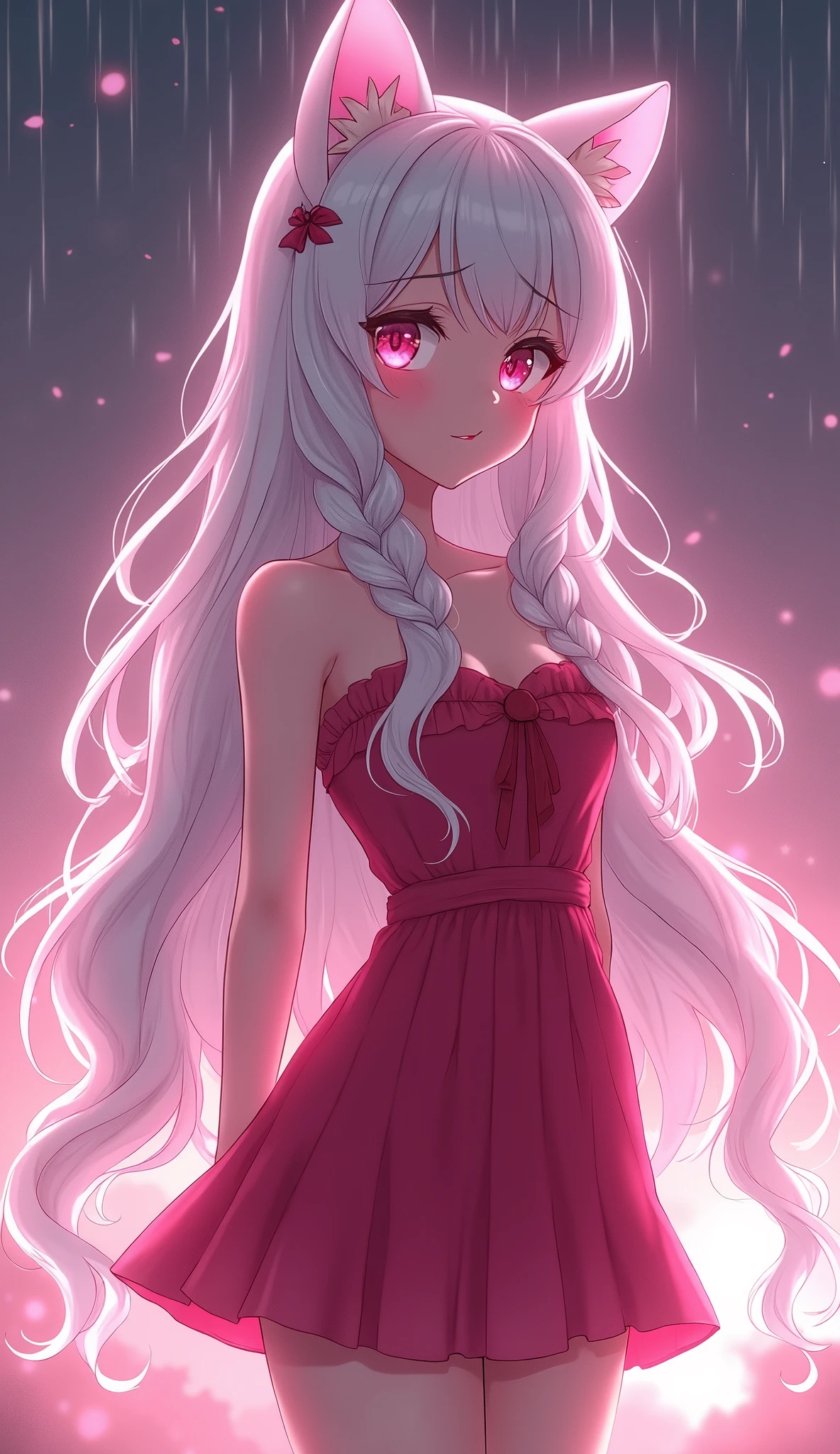 photorealistic,Realistic illustration in Modelshoot style,((masterpiece)),((The best quality)),((Ultra Quality)),((ultra detailed)),((1girl long white hair)),((Only)),((waifu:1.5)),Perfect anatomy,perfect hands,beautiful cuerpo,beautiful_method,ulzzang-6500-v1,e-chica,((Exceptionally Beauty Waifu Princess)), intricate details, realist, photorealist, Full Body Portrait, Instagram Photo of a woman wearing aretes, Mary R., inspired by Emma Andijewska, wrapped in crystals,(masterpiece:1.3), (Best Quality:1.3), (Ultra-detailed:1.2), ((kawaii)), Cute, (lovely), ((sexy)), ((Extremely detailed)), 4K, (8K), Best Quality, (Beautiful), Illustration, anime style, (bold line:1.2), Gradation,(best quality, ultra-detailed, photorealistic: 1.39), bright and vibrant colors, studio lighting, (Perfect eyes:1.2), (Perfect iris:1.2), romantic kawaii expression, cute delicate smile, kawaii makeup, 17-year-old e-girl, short red dress, platinum braided and curl white hair, cat ears, big breasts, fit, long wavy hair, mercenary, Mary R.,((bright-pink_eyes)),long wavy hair, ((white hair)),hair clips,eyeliner,cute makeup,lipstick,Glossy lipstick,with a look of terror, worry and sadness,((eyes detallados perfectos)),rainy with fog outside,evening,pink theme,bioluminiscencia,light particles,((Extremely CG Unity 8K Wallpaper)),((cinematic lighting,Best quality lights)),intricate details,Suave,sharp focus,Extremely beautiful and aesthetic,Octane rendering,Full length portrait,damp skin,((Perfect detailed body)),