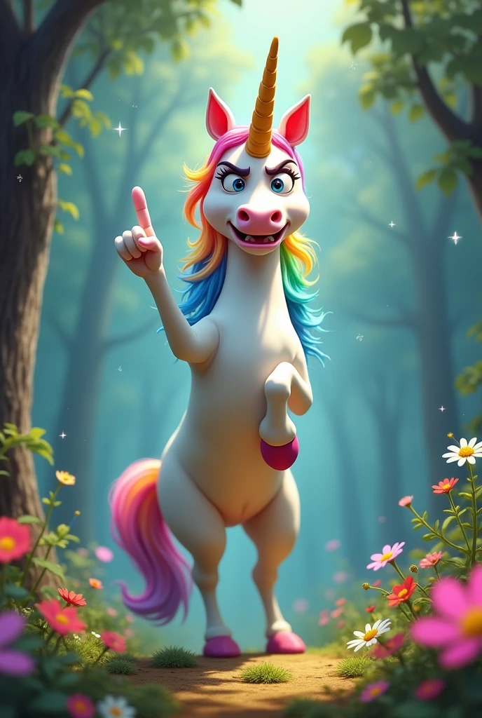 a unicorn giving the middle finger, with a face showing anger and a form of animation