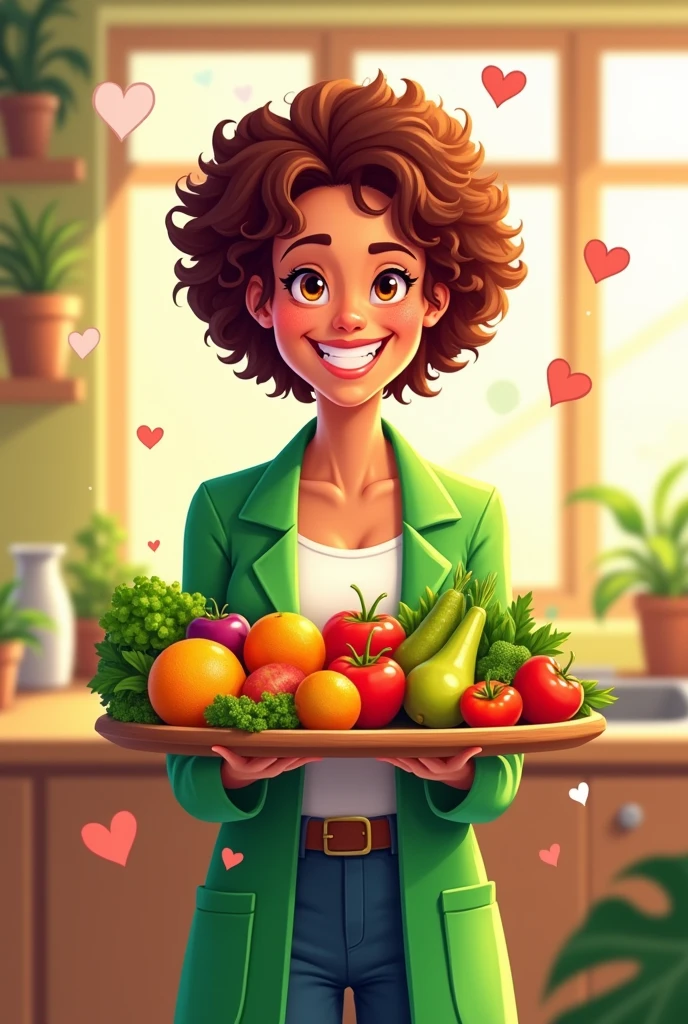 Female nutritionist with short hair holding a tray with fruits and vegetables in cartoon style