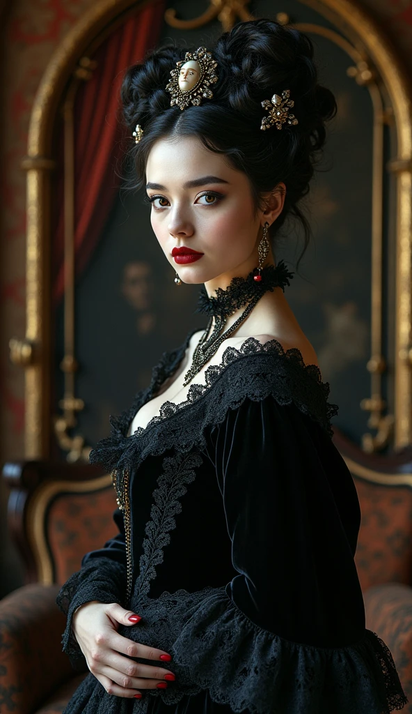 portraiture of a refined, Victorian-era lady vampire, mysterious, dark, 19th century Inspired, intricately adorned, velvet, silk, and lace, oil on canvas, highly detailed, photorealism, Alphonse Mucha's ornate Art Nouveau, Caravaggio's dramatic, high-contrast lighting, Irwin Penn's cinematic, soft, misty atmosphere, lavish, ornate, gothic architecture, heavy drapery, Baroque-inspired furniture, subtle, eerie ambiance, dark, red lips, porcelain skin, elaborate hairstyle, cameos, brooches, and jewelry, mysterious,