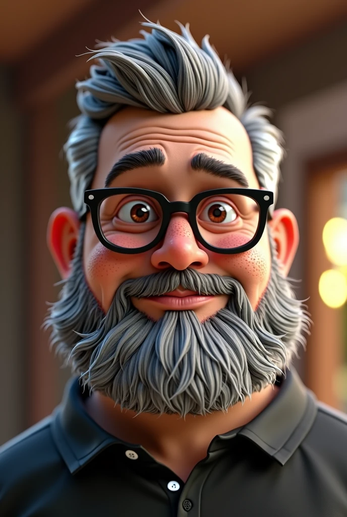 Cartoon character of a man with short gray hair and a big, closed beard, about 120 kilograms, few freckles on the face, Brown eyes, with black glasses and a black shirt, animation character, stylized character, animation style rendering, 3D stylized, Arnold Maya rendering, Render 3D stylized, Toon render keyshot, 3D character, 3D character, Stylized 3D rendering, 3d character rendering, cartoon character, Close-up character, Character pose, (pixar style) (master part:1.2) (bokeh) (Best Quality) (detailed skin) (detailed texture) (8k) (clay) (cinematic lighting) (sharp focus)