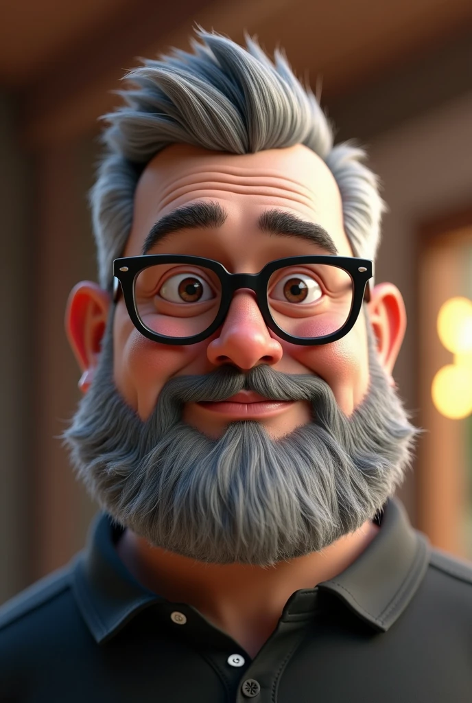 Cartoon character of a man with short gray hair and a big, closed beard, about 120 kilograms, few freckles on the face, Brown eyes, with black glasses and a black shirt, animation character, stylized character, animation style rendering, 3D stylized, Arnold Maya rendering, Render 3D stylized, Toon render keyshot, 3D character, 3D character, Stylized 3D rendering, 3d character rendering, cartoon character, Close-up character, Character pose, (pixar style) (master part:1.2) (bokeh) (Best Quality) (detailed skin) (detailed texture) (8k) (clay) (cinematic lighting) (sharp focus)