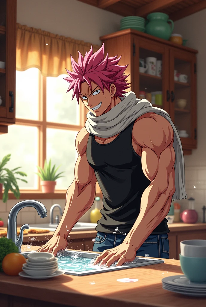 Natsu with big muscles doing dishes
