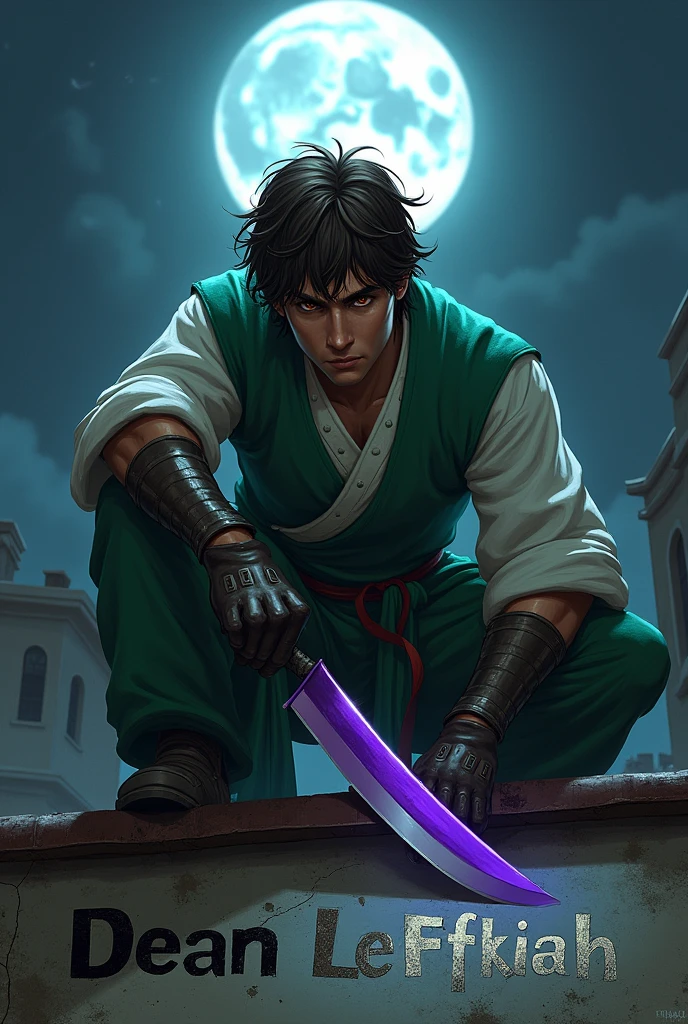 Create a serious male character wearing ninja clothing and a green vest, brown hair bangs, with bright brown eyes, holding a purple machete,coming out of light, In the middle of.night on top of a roof,he writes Dean leffkiah