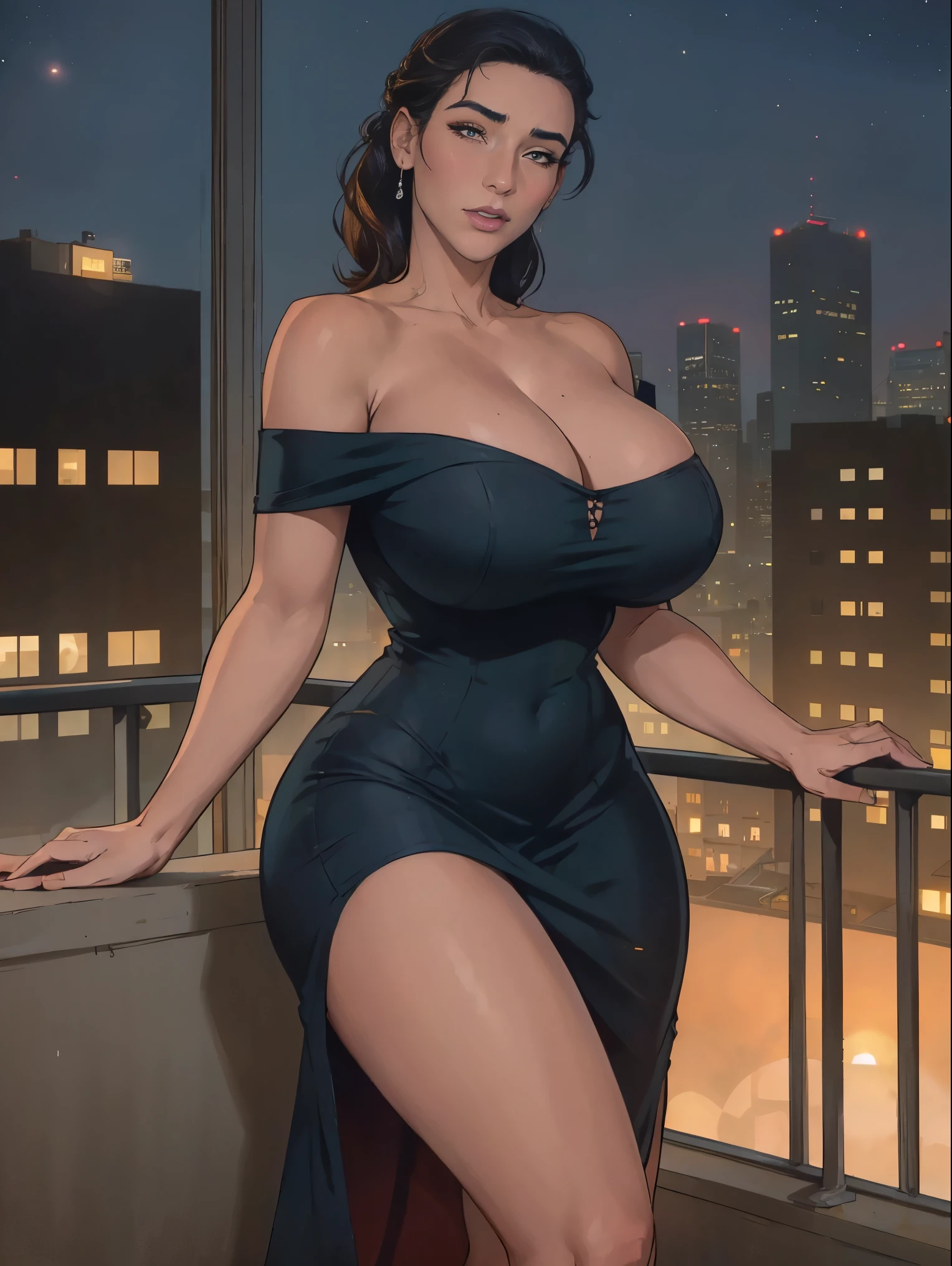 Gorgeous and sultry busty athletic (thin) brunette model with sharp facial features wearing a dark blue off-shoulder sleeveless dress, updo, tight dress, sweetheart neckline, strapless, short sleeves, tight dress. On a balcony, city skyline, sunset, evening, nighttime.