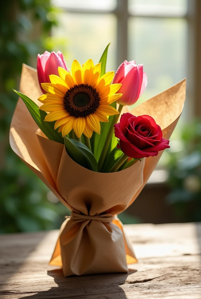 A Bouquet wrapping with one sunflower one rose one tulip