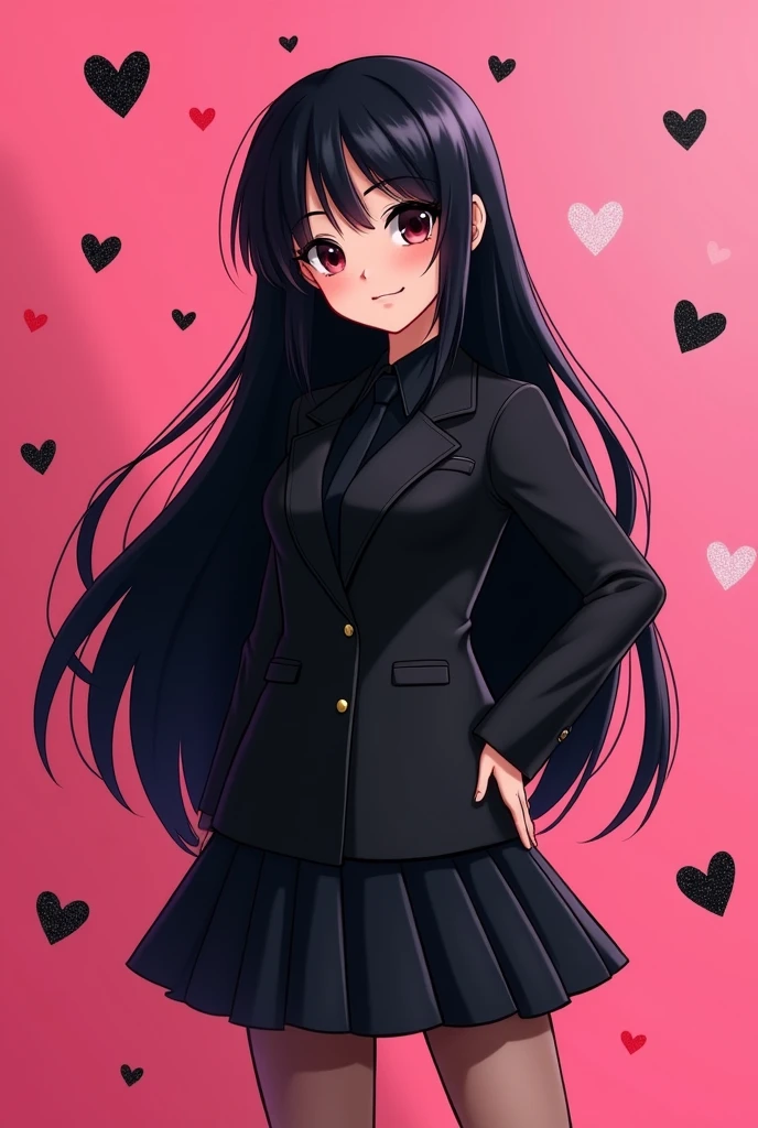 Generate roblox character in girl with super very black long hair with black uniform with black skirt and background in pink with beautiful black hearts in roblox brookenhaven