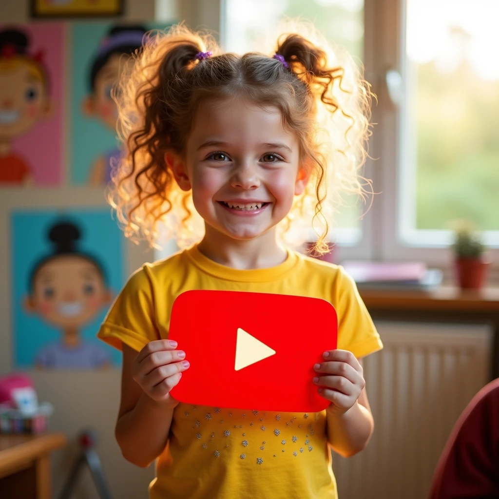 A young a young girl holding YouTube icon