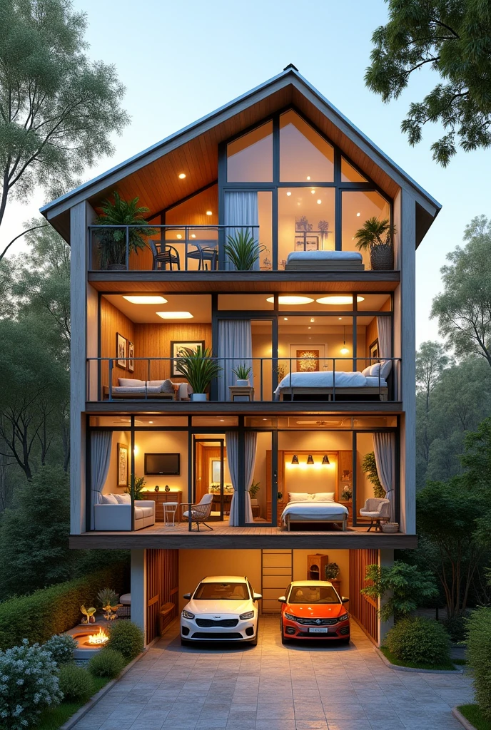 IMAGE OF A TWO-STORY HOUSE WITH A CROSS-SECTION, WHERE IT IS OBSERVED ON THE FIRST FLOOR BATHROOM, LAUNDRY, BEDROOM AND A BALCONY AND ON THE SECOND FLOOR KITCHEN, dining room, living room, PARKING AND A TERRACE
