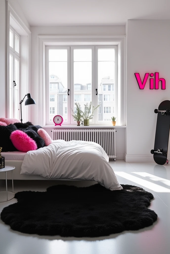 A white room, black and pink with several pillows on the bed, a pink alarm clock, with a black skateboard, and a sign that reads Vih on the nightstand, that this room have a long velvet rug in black and the room be spacious