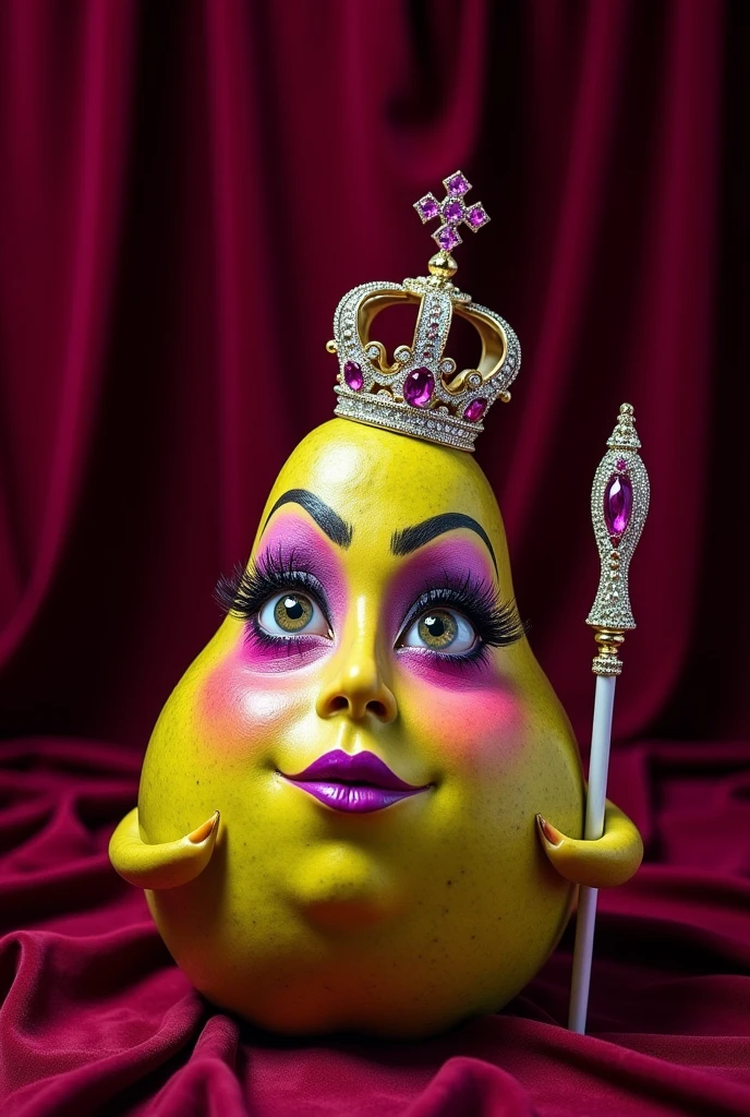 a fruit (pear) with extravagant drag queen makeup and wearing a beautiful crown and scepter