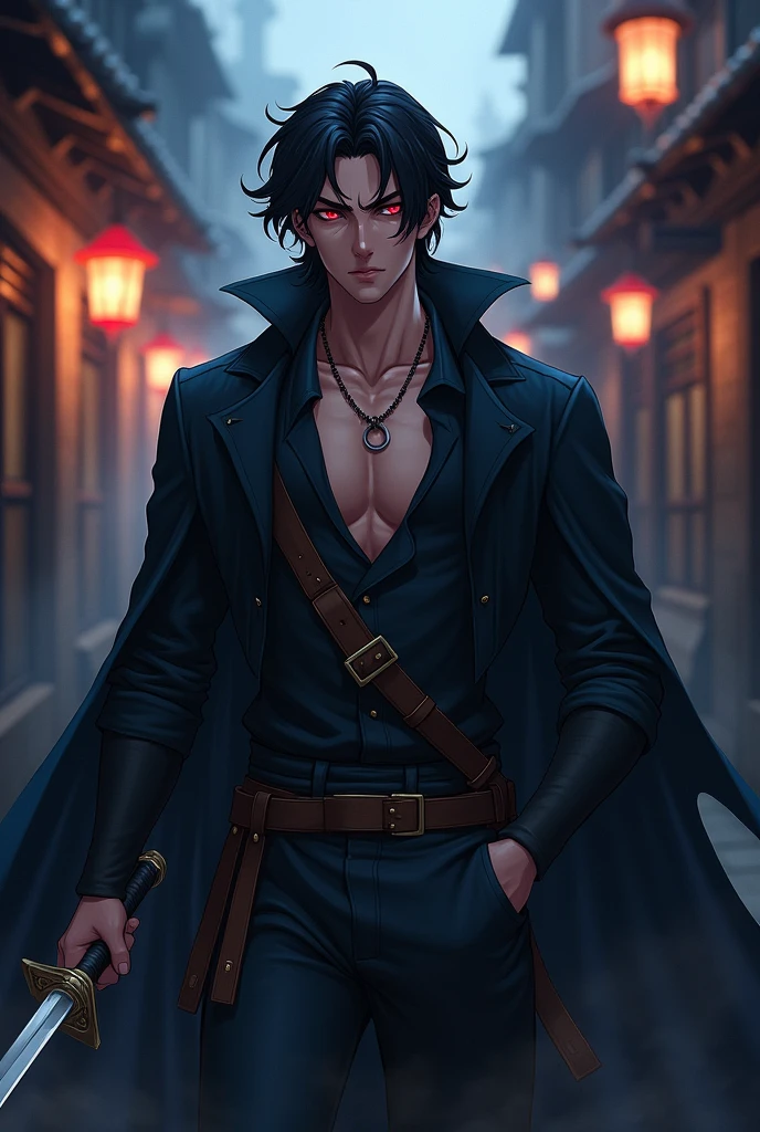create an anime style image of a very handsome roguish man with a mysterious expression, dark cloak, a Rapier in hand, jet black hair, scarlet eyes, defined body, muscular chest out, wearing no shirt, muscular arms, tight pants, legs thick