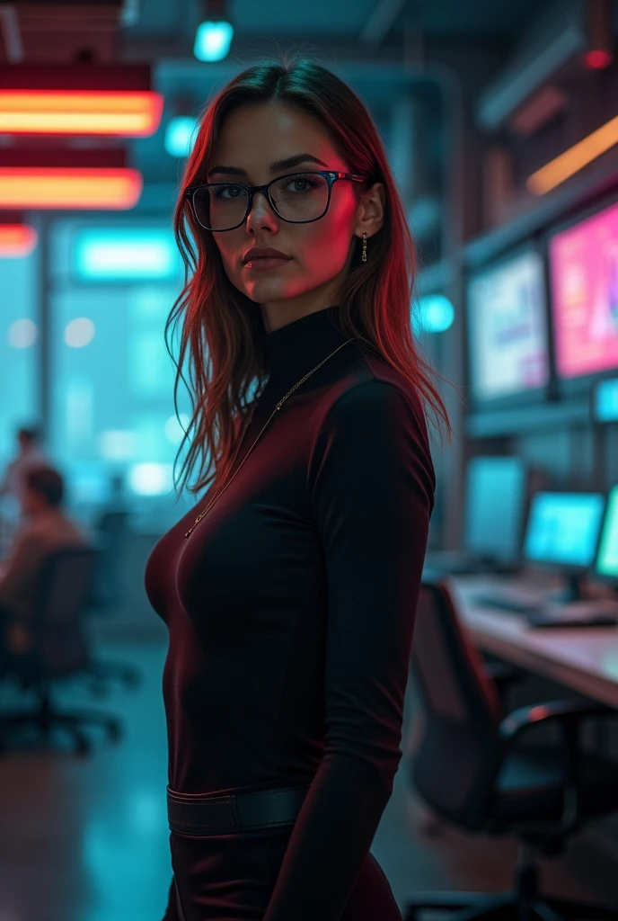 (cyberpunk military scientist:1) (1woman) dark theme ::  Katee Sackhoff face, ultra realistic futuristic cyberpunk tall athletic woman naked legs spread big tits no clothes, :: medium brown hair, futuristic glasses nerd :: inside cyberpunk office :: brown eyes :: natural lighting :: bokeh :: 8k :: best quality :: masterpiece :: insanely detailed:1.5