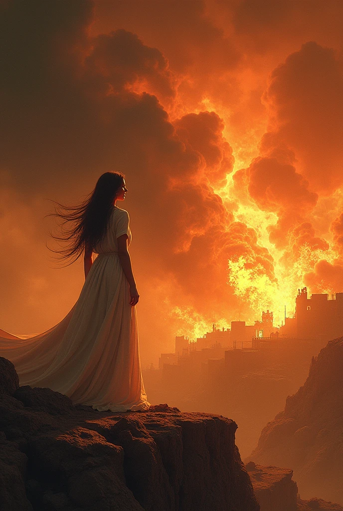 Lot's wife looking back and turning into a pillar of salt, she's already half salt and half human, she's looking down at the cities of Sodom and Gomorrah that are being destroyed with several balls of fire and sulfur that are falling from the sky on behalf of God. The scene is terrible.