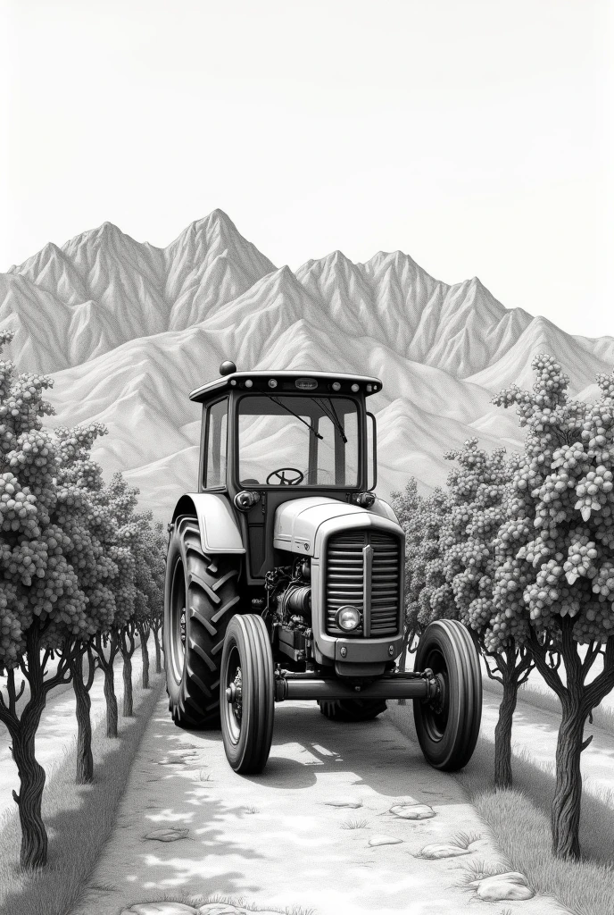 A pencil drawing of a tractor in a grape vineyard with mountains in the background