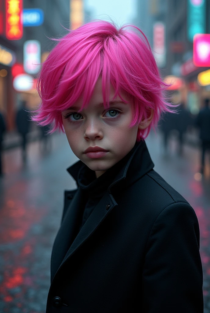 Novel cover of a boy with pink hair, white eyes, black clothes and his face is very pretty but somewhat masculine