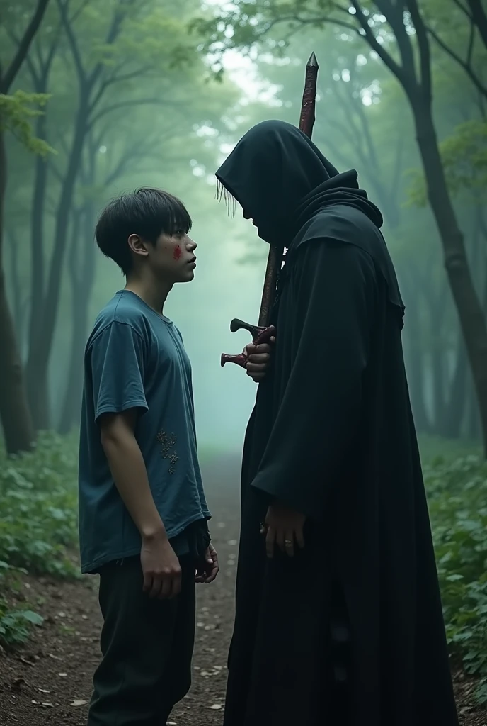 Jeon Jungkook and Kim Taehyung are in a forest. They are facing each other. There is a distance between them. Jungkook's eyes are full of tears. Jungkook is wearing a blue t-shirt and it is dirty. Taehyung is wearing black clothes. Taehyung has a black cloak on. A sword has pierced Taehyung's back and come out of his chest. Taehyung is covered in blood. The tip of the sword coming out of Taehyung&#39;s chest extends to Jungkook&#39;s front. 