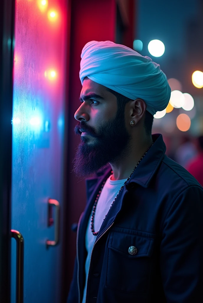 A Pathan man looking into a dance club from outside with a white cap on his head