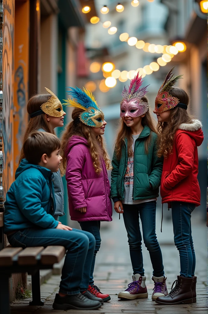 Imagine four girls wearing masks on their face and a boy sitting down 