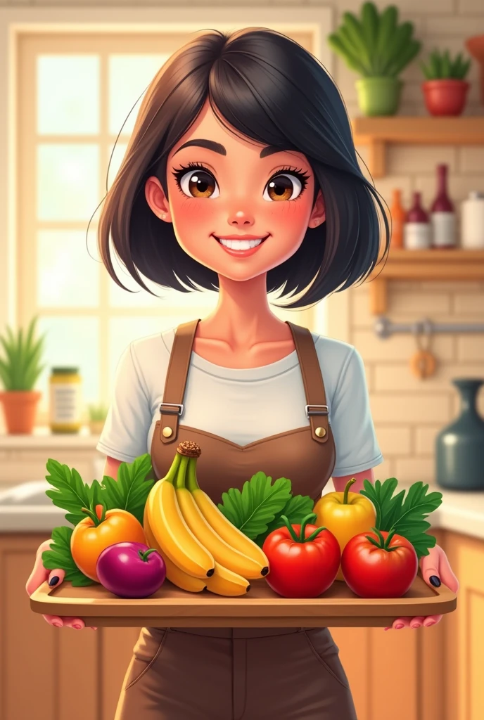 Young female nutritionist with straight short hair holding a tray with fruits and vegetables in cartoon style