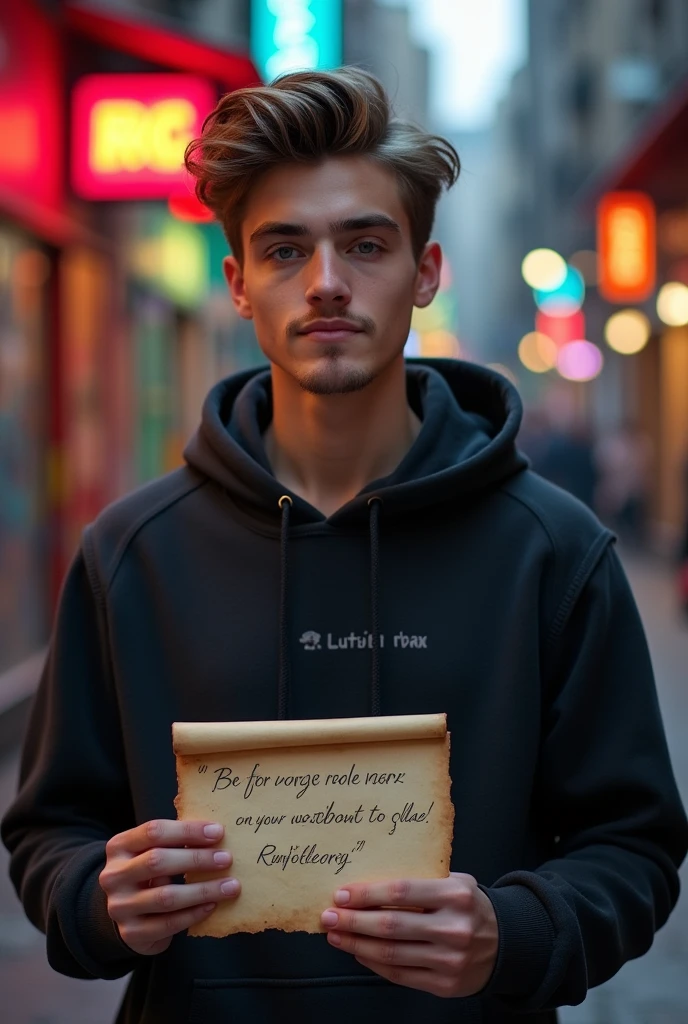 Handsome young man in hoodie holding Rutielle&#39;s isniper phrase
