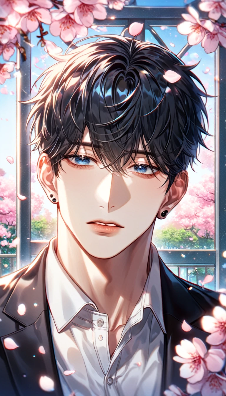 absurdres, highres, ultra detailed, HDR, master piece, best quality, extremely detailed face, delicated features, Kang Woojin, black hair, messy hair, expressive dark blue eyes, Love Jinx, solo, sexy man, handsome, sensual, uniform, black jacket, white shirt, unbuttoned, black piercings, cherry blossoms, pink flowers, pink butterflies, pink petals, school, school gate