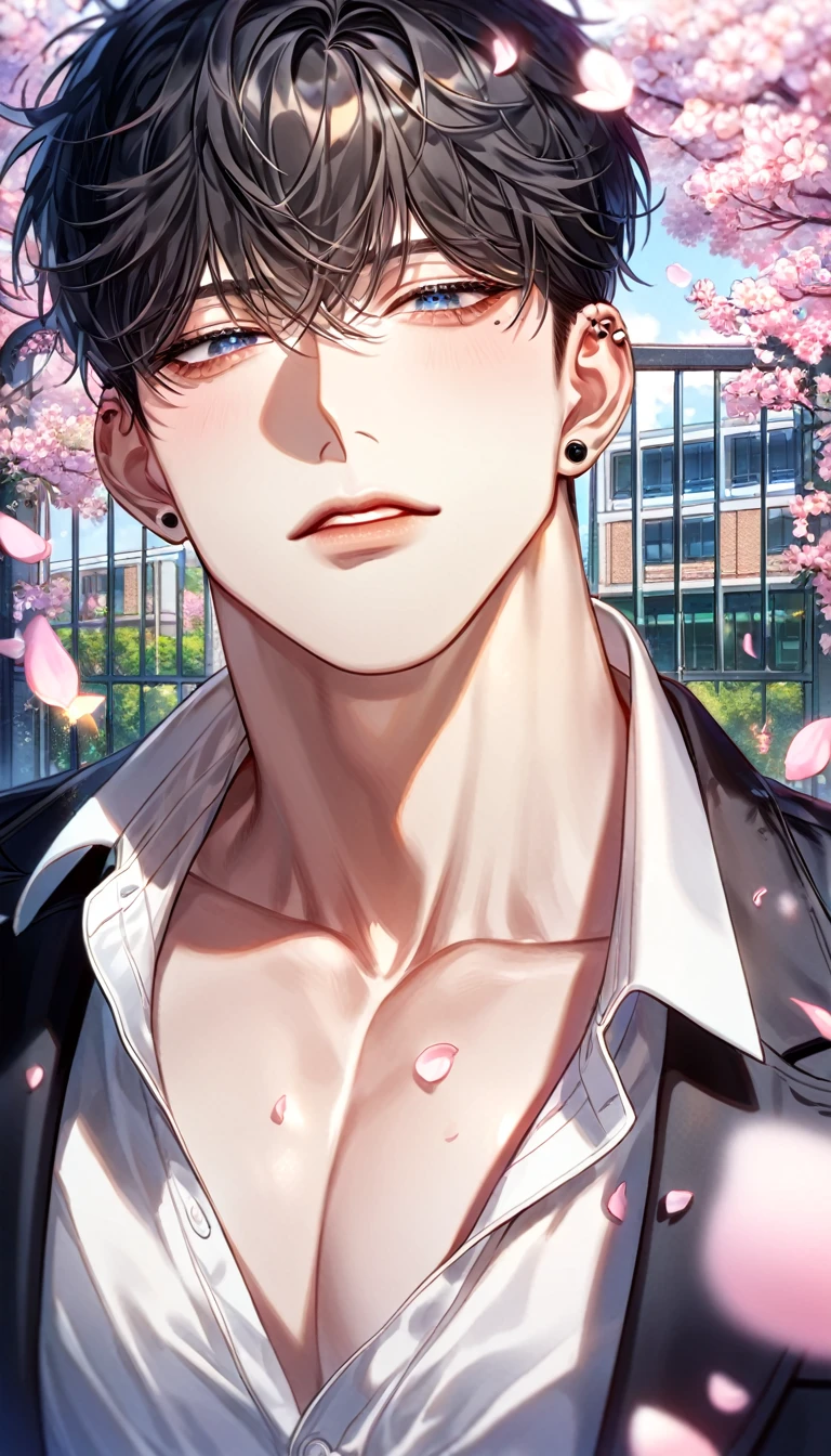 absurdres, highres, ultra detailed, HDR, master piece, best quality, extremely detailed face, delicated features, Kang Woojin, black hair, messy hair, expressive dark blue eyes, Love Jinx, solo, sexy man, handsome, sensual, uniform, black jacket, white shirt, unbuttoned, black piercings, cherry blossoms, pink flowers, pink butterflies, pink petals, school, school gate