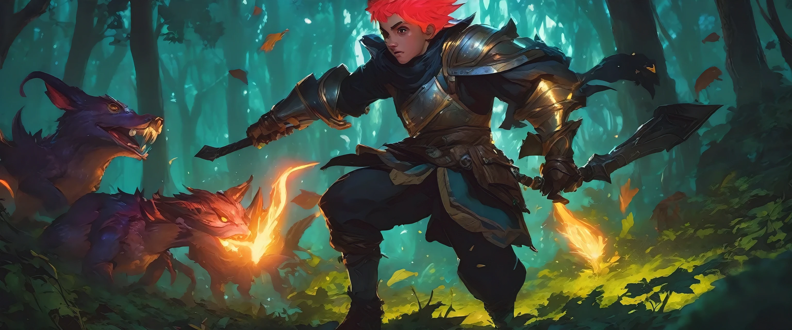 CLOSE UP a human boy fighting with monsters in a dense forest, NIGHT, MEDIEVAL STYLE,high fantasy RPG style, League of Legends-inspired art style, dynamic poses, detailed facial features, cinematic lighting, vibrant colors, dramatic atmosphere, gritty realism, masterpiece, best quality, ultra-detailed, VALORANT
