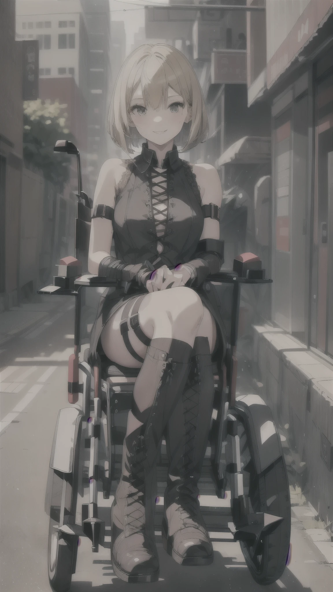 girl in electric wheelchair,smile,blonde short bob hair,jirai fashion,black gothic pank fashion,lace up long boots,arm braces.