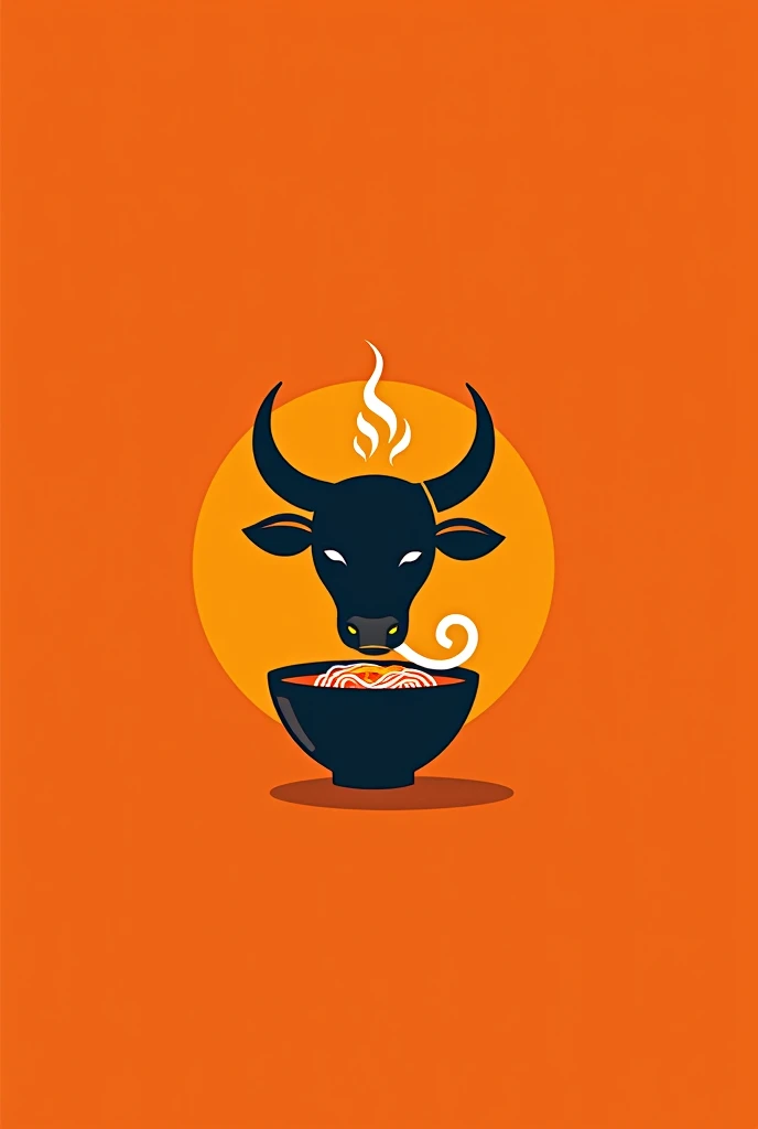 minimalist logo, floating bull head eating ramen, winking, on an orange background.