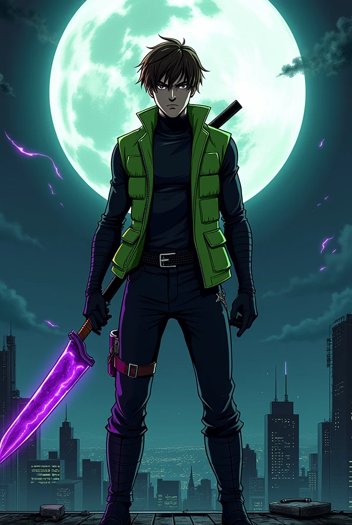 Create a serious male character wearing ninja clothing and a green vest, brown hair bangs, with bright brown eyes, holding a purple machete,coming out of light, In the middle of.night on top of a roof,and writes Dean leffkiah in manga style