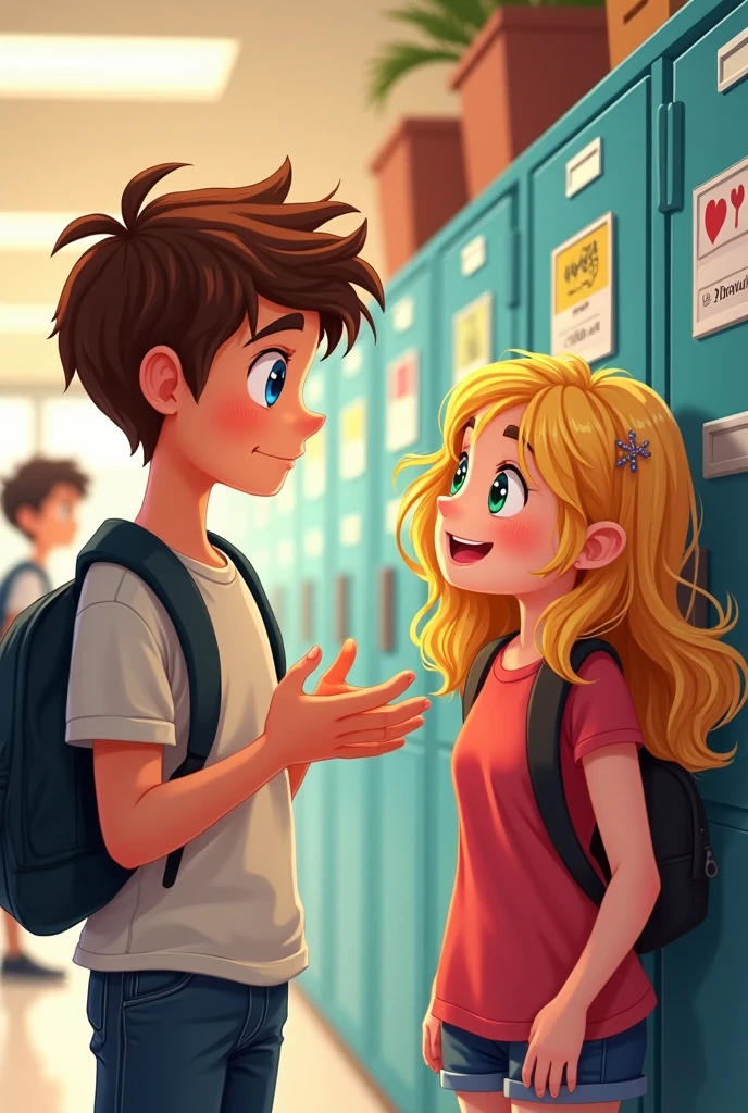 In digital image Best Not real human
"Show a man and woman at school. The boy is expressing his love to the girl, who is smiling back. Include a hint of another boy in the background."
